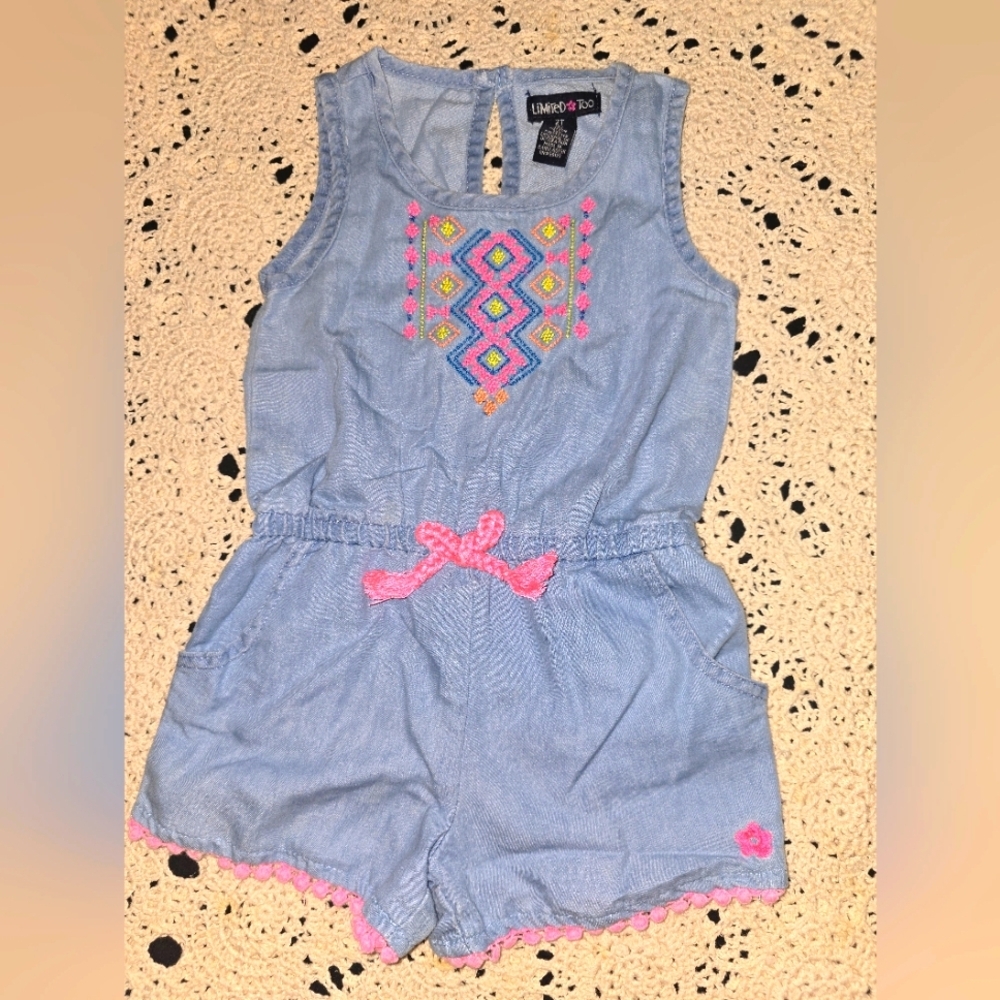 Limited Too, Toddler Girls 2T, Denim Romper, Jumpsuit Shorts, Neon Embroidery